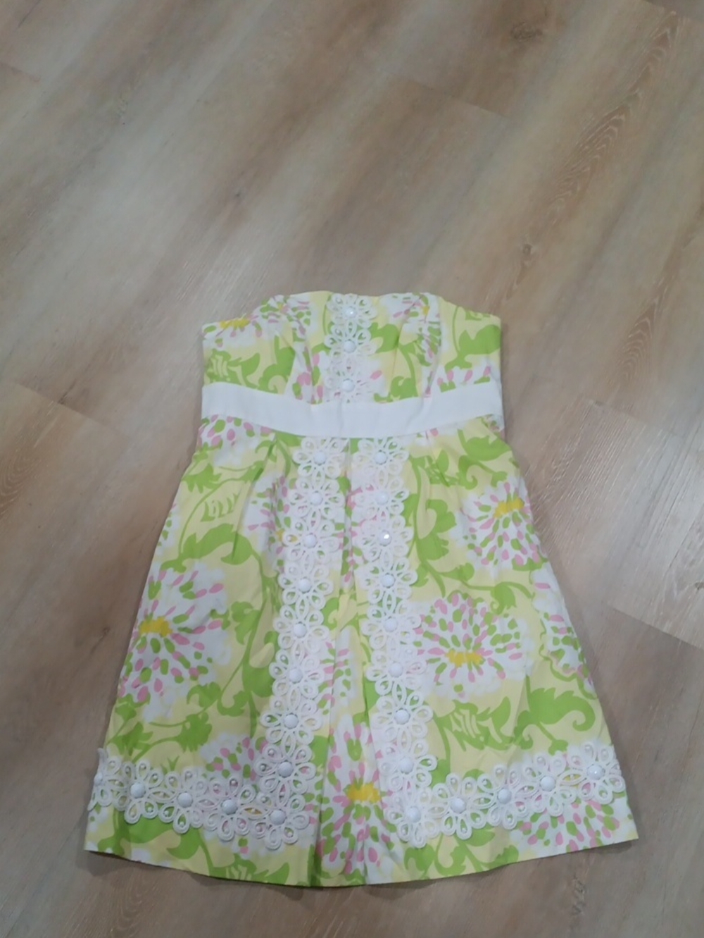 Lilly Pulitzer Strapless Floral Dress in Lime Green and White with Pink Accents